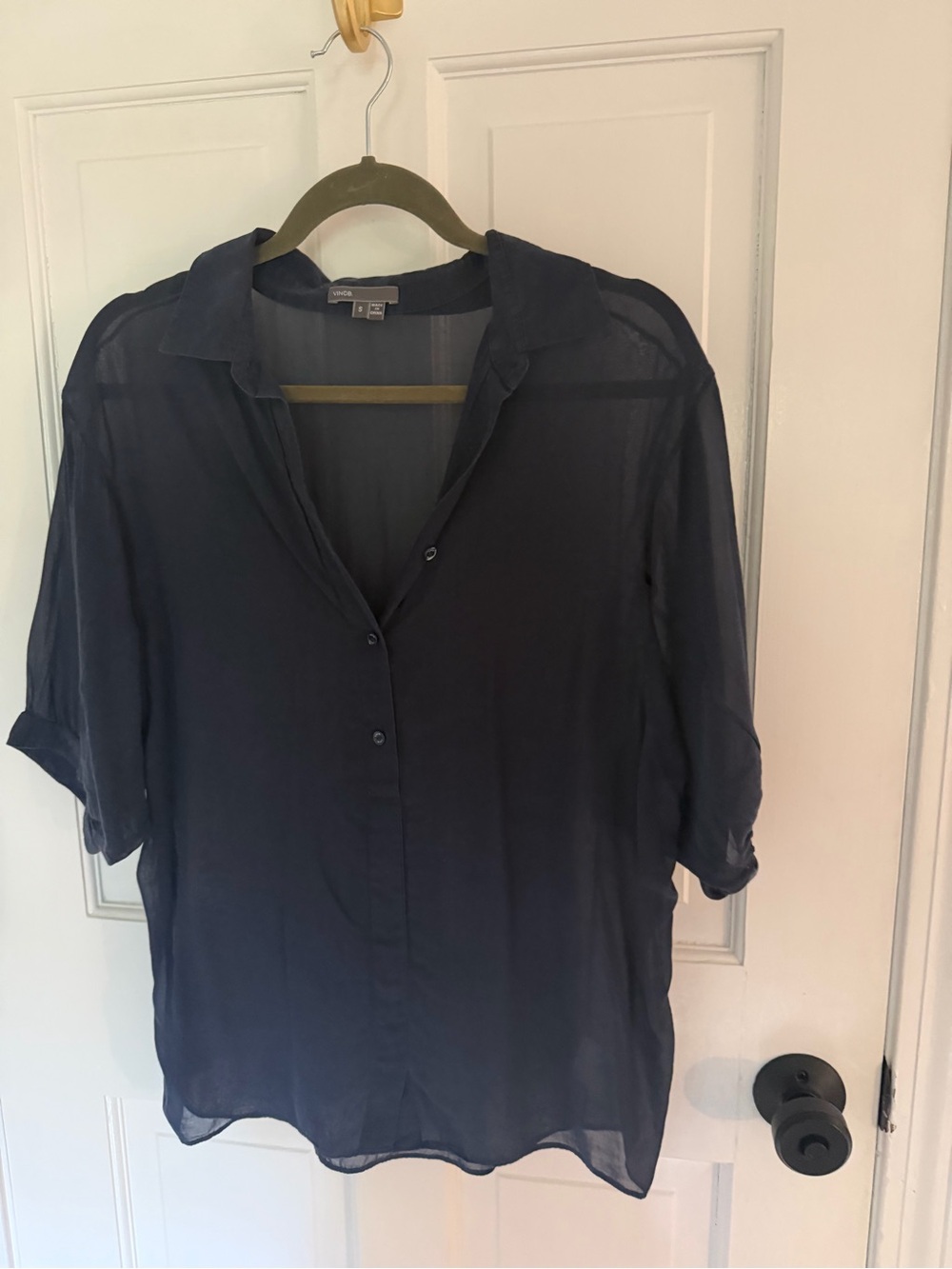 Vince Navy Sheer Button-Front Blouse - Picture 3 of 6